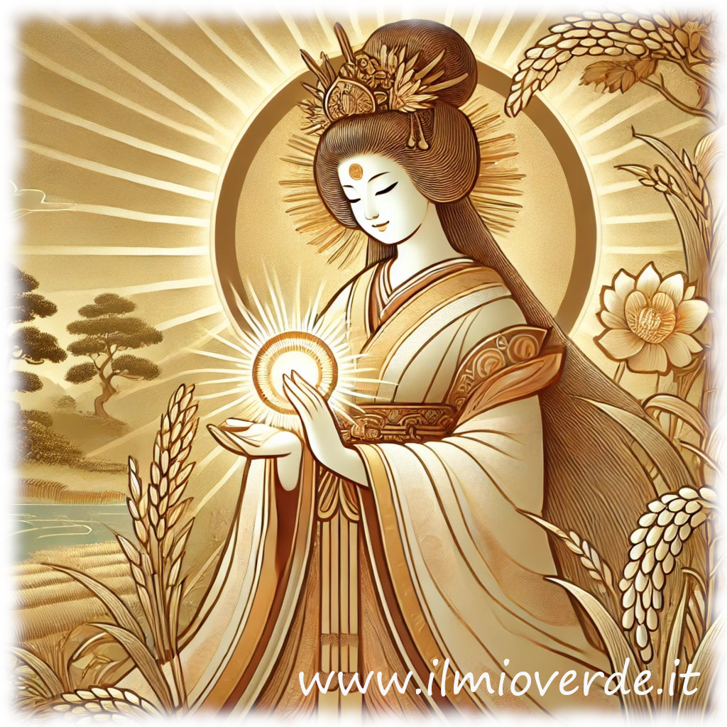 A depiction of Amaterasu, the Japanese goddess of the sun, surrounded by light and symbols of beauty and prosperity.