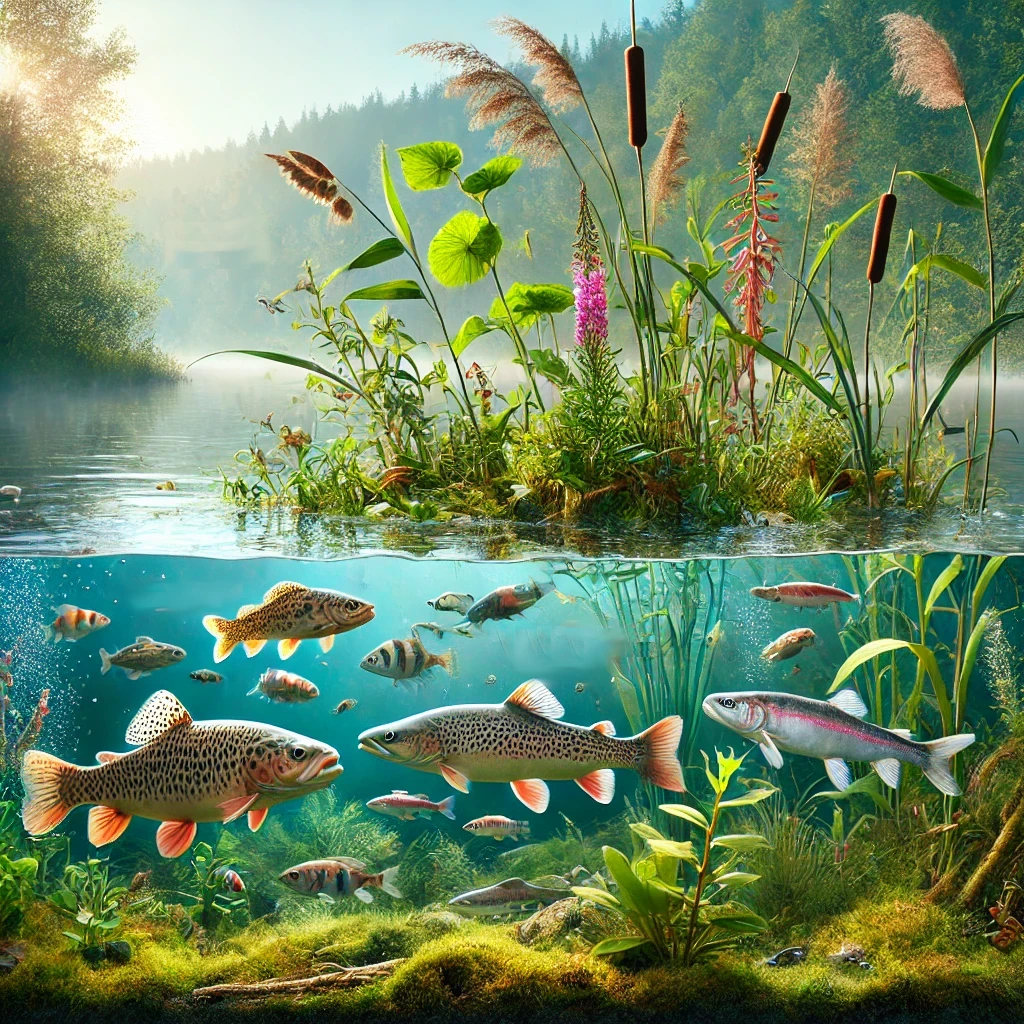 Immagine artistica che rappresenta un ecosistema lacustre.