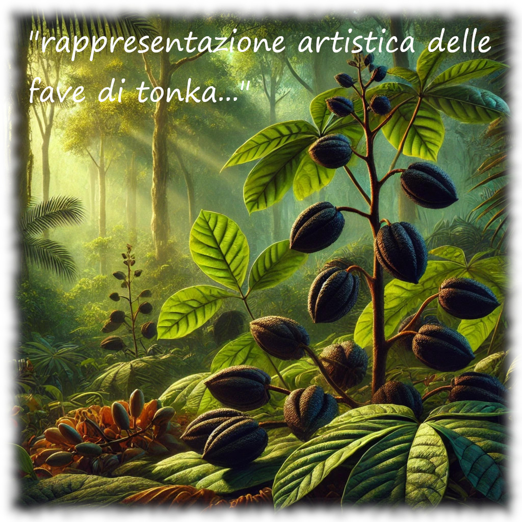 Fave di tonka intere con superficie rugosa e striata, di colore marrone scuro.