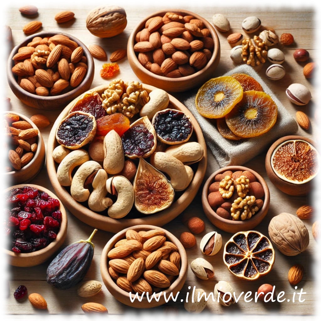 Un assortimento di frutta secca disposto su un piano di legno chiaro: mandorle, noci, fichi secchi, pistacchi e mirtilli essiccati, presentati in ciotole e sparsi con un tocco rustico e naturale.