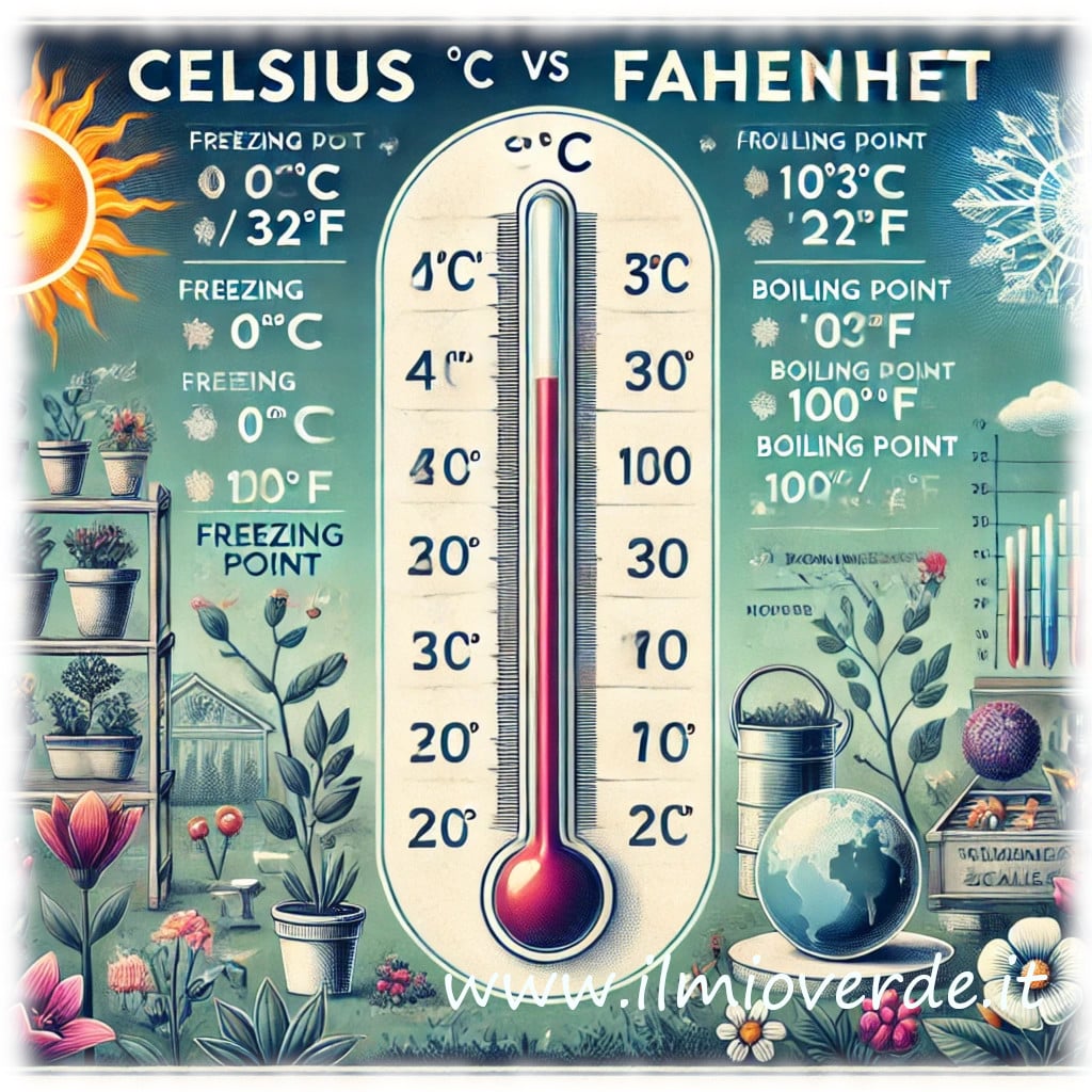 Grafica comparativa tra scala Celsius e Fahrenheit, con punti chiave di congelamento e ebollizione dell'acqua a 0°C e 100°C, accanto a 32°F e 212°F.