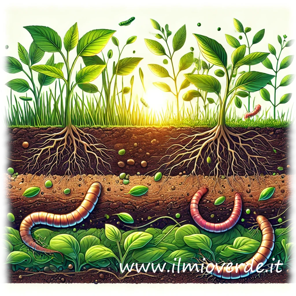 Illustrazione dettagliata del suolo fertile con lo strato di humus visibile, piante verdi in crescita, radici robuste e presenza di microrganismi ed elementi naturali.