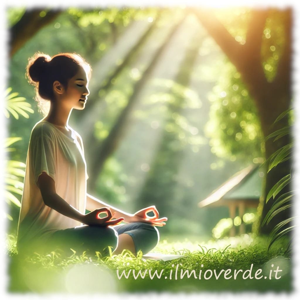 Persona che medita nella natura, simbolo di pace e consapevolezza interiore.