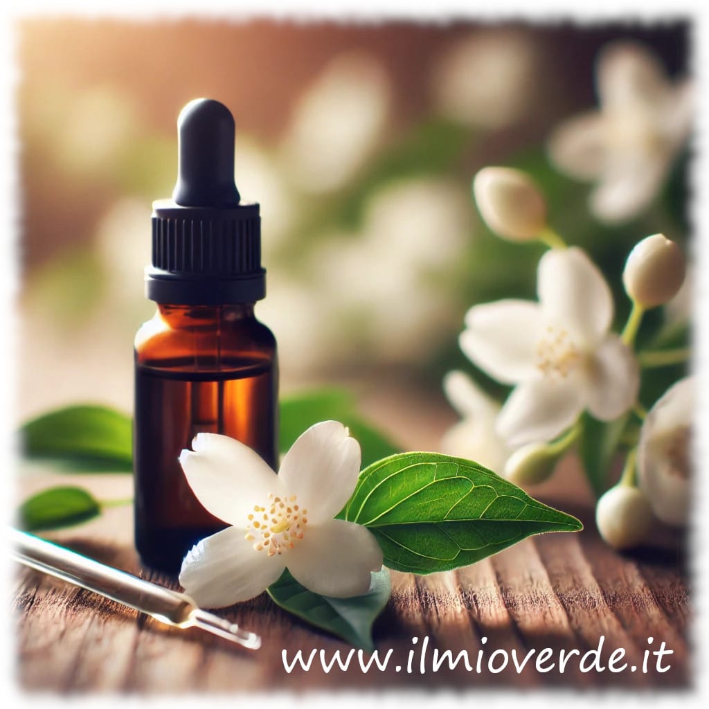 Flacone di olio essenziale di Jasminum grandiflorum accanto ai suoi fiori bianchi delicati, immersi in un'atmosfera naturale e rilassante.