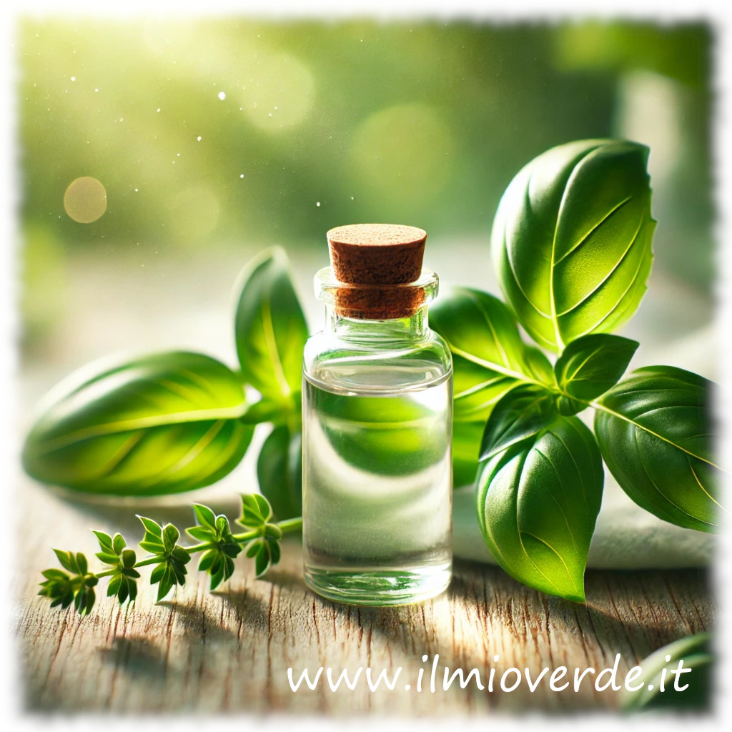 Una boccetta di olio essenziale di basilico accanto a foglie fresche di basilico e a un ramo di basilico in un ambiente naturale e rilassante.