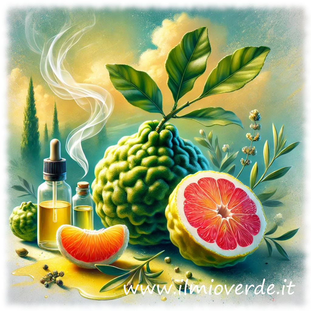 Una bottiglietta di olio essenziale di bergamotto con accanto un frutto di bergamotto fresco, su uno sfondo luminoso.