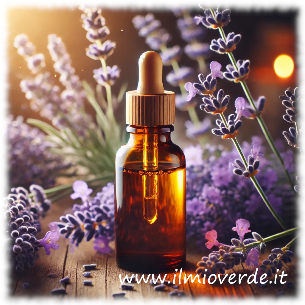 Un flacone di olio essenziale di lavanda accanto a fiori freschi di Lavandula angustifolia su uno sfondo naturale.