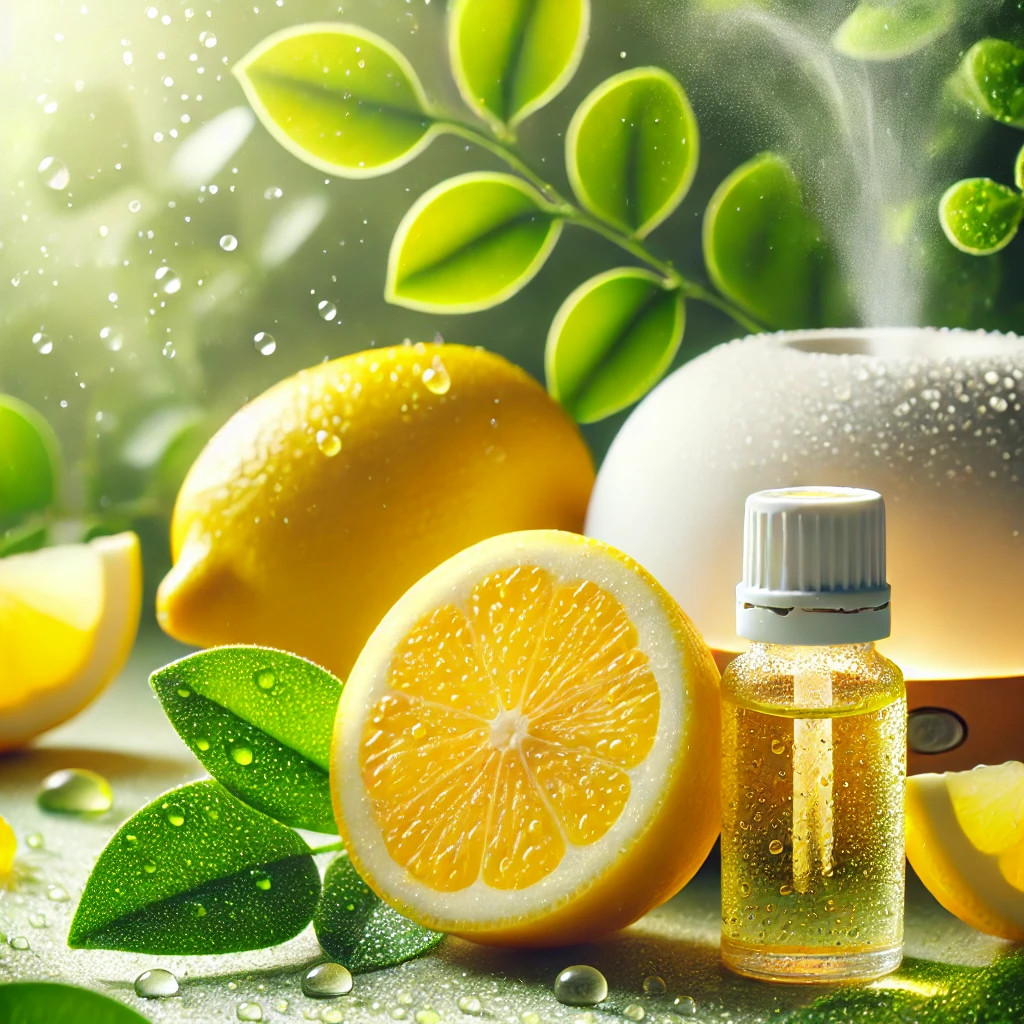 Bottiglietta di olio essenziale affiancata da un diffusore elegante e limoni freschi, con una leggera nebbia profumata nell'aria.