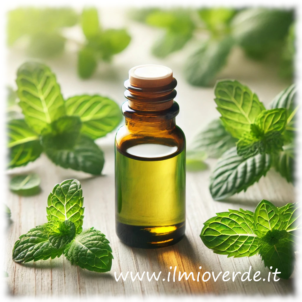Bottiglia di olio essenziale di menta piperita circondata da foglie fresche di menta.