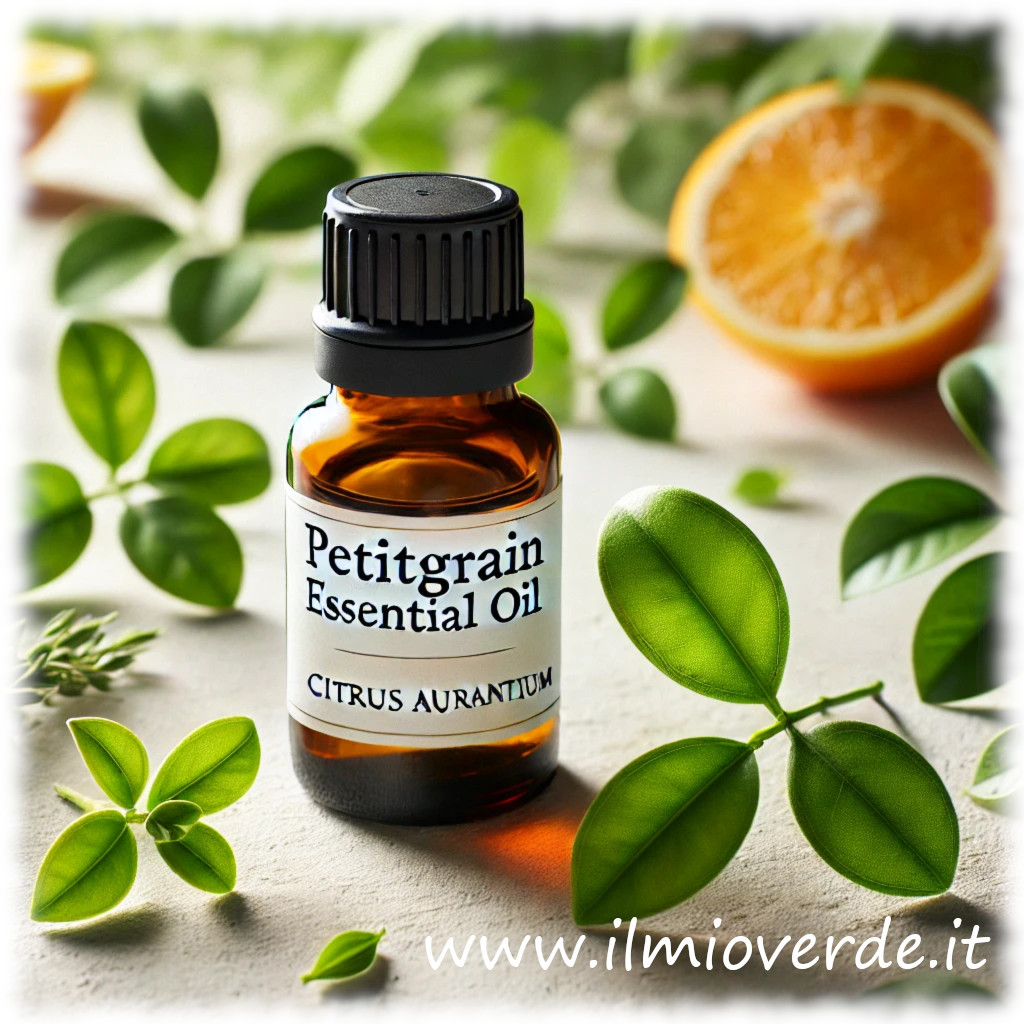 Olio essenziale di Petitgrain in una bottiglietta di vetro ambrato, circondata da foglie fresche e rametti di arancio amaro.
