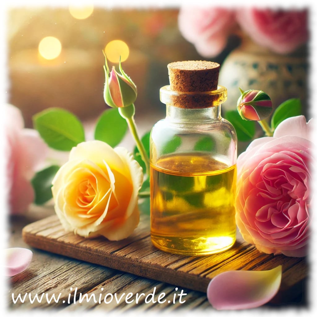 Fiala di olio essenziale di rosa damascena accanto a petali di rosa fresca.