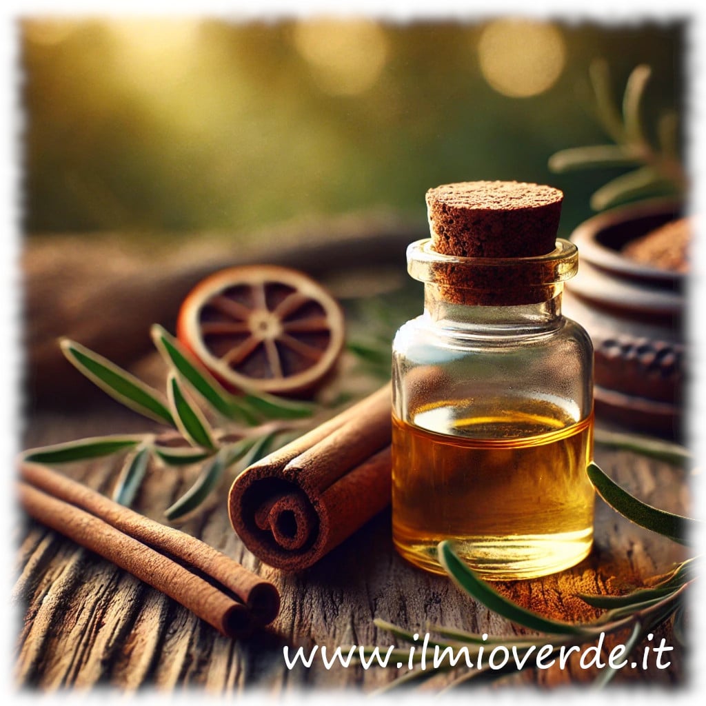 Fiala di olio essenziale di sandalo accanto a pezzi di legno di sandalo su uno sfondo naturale.