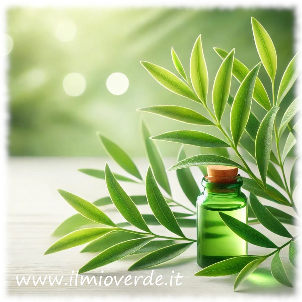 Foglie verdi dell’albero di Tea Tree (Melaleuca alternifolia), da cui si estrae l’olio essenziale noto per le sue proprietà antimicrobiche.