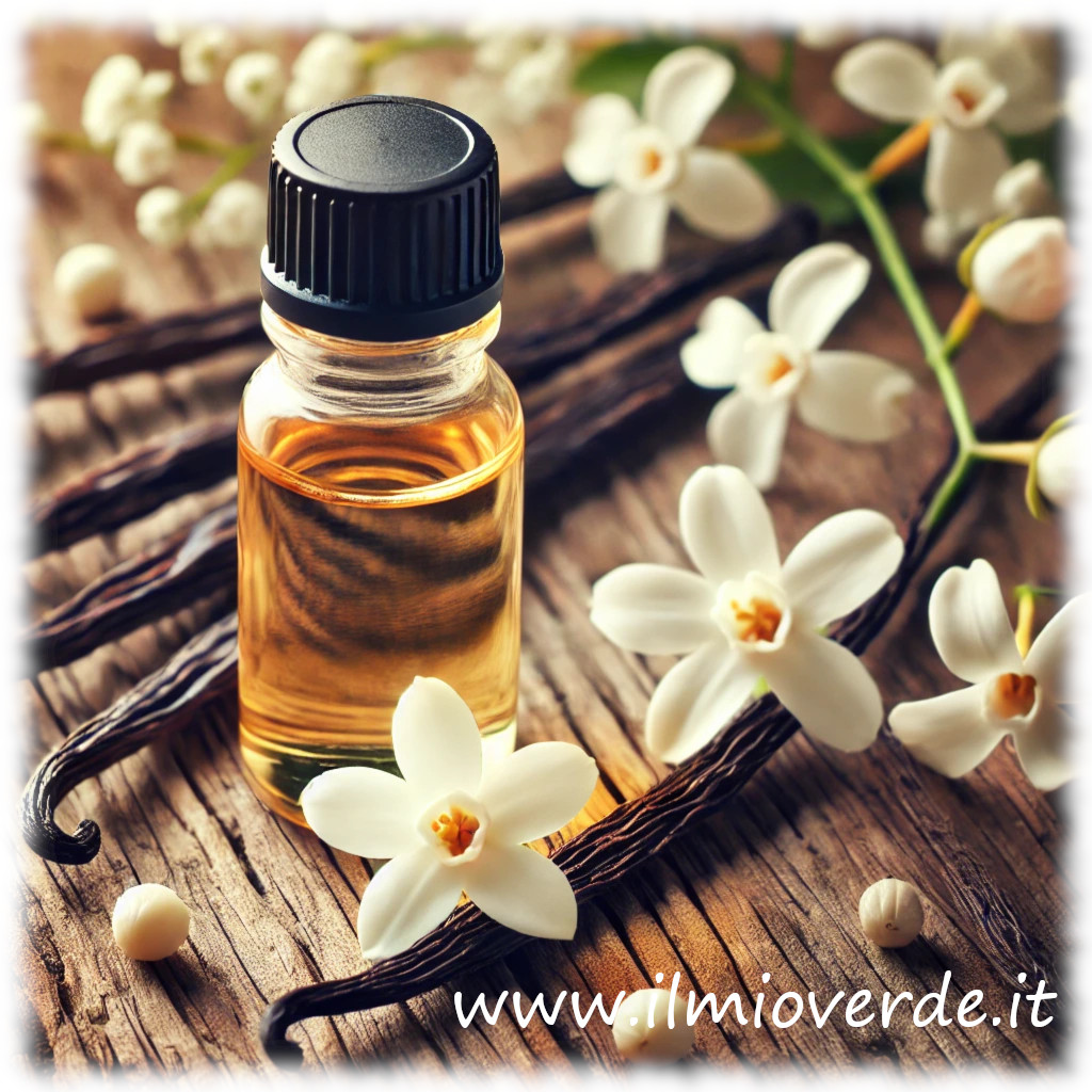 Una boccetta di olio essenziale di vaniglia su un tavolo di legno, circondata da baccelli di vaniglia e fiori bianchi.