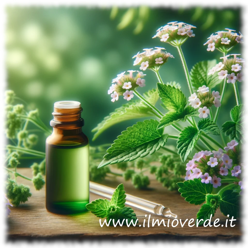 Immagine di piante fresche di verbena con fiori bianchi e viola, accanto a una bottiglia di olio essenziale di verbena.