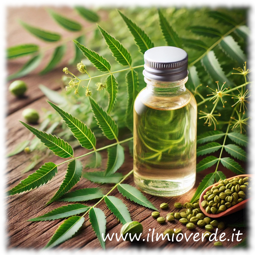 Una bottiglietta di olio di neem accanto a un ramo di Azadirachta indica.