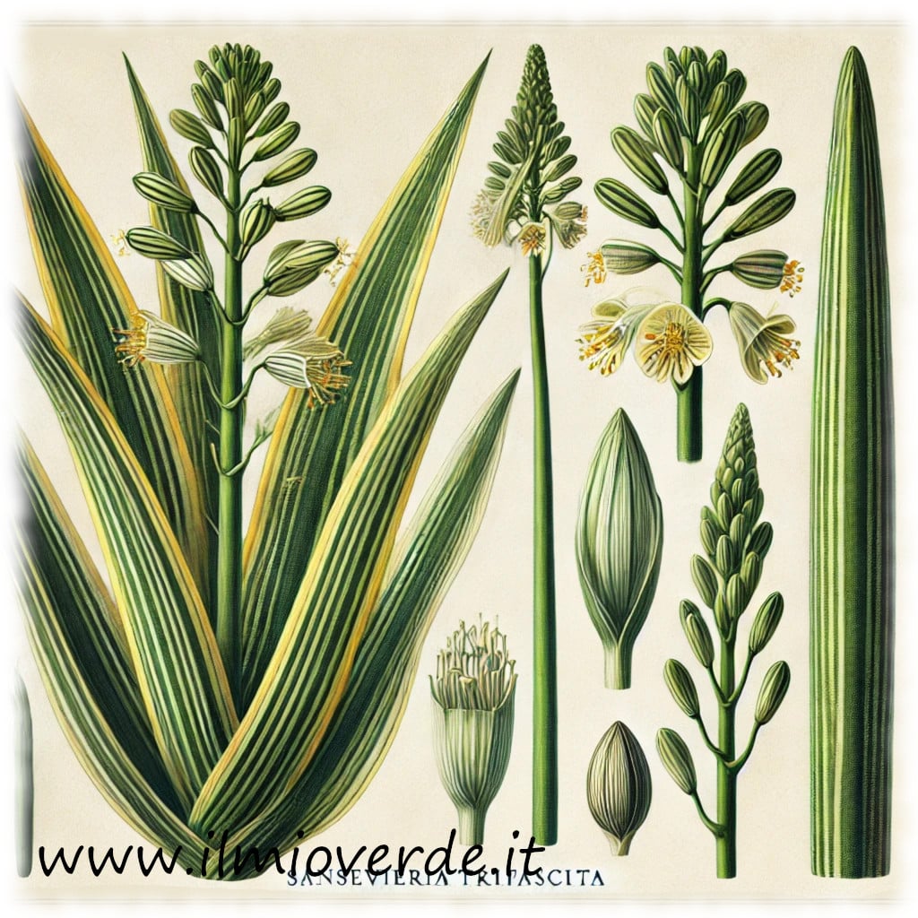 Pianta Sansevieria trifasciata con foglie verdi e striature gialle.