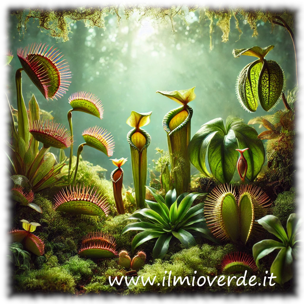 Terrario umido con piante carnivore come Dionaea muscipula, Sarracenia, e Nepenthes, ambientato in un habitat naturale ricco di umidità e luce.