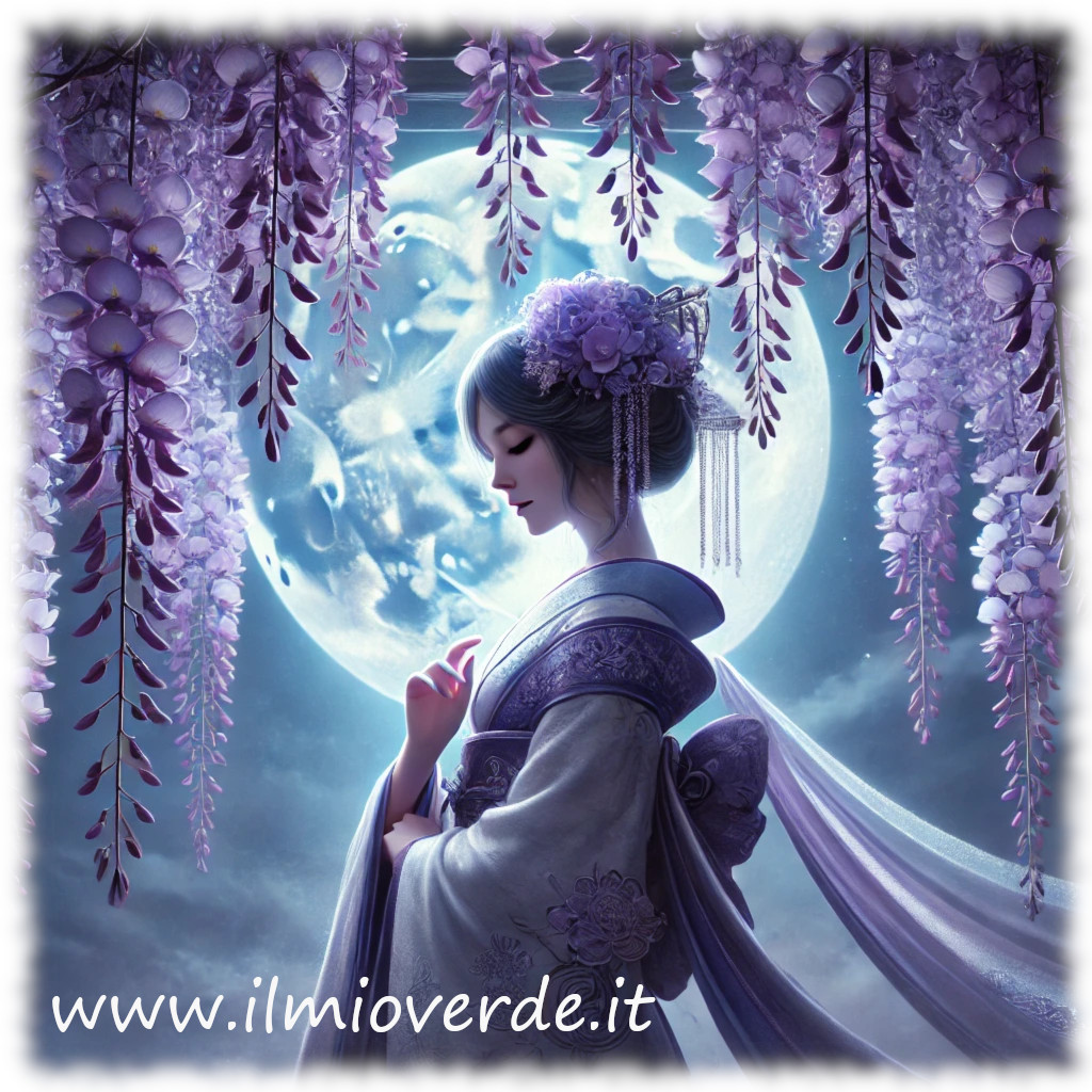 Rappresentazione di Tsukuyomi, la dea della luna giapponese, con fiori di glicine e un cielo notturno riempito dalla luna piena.