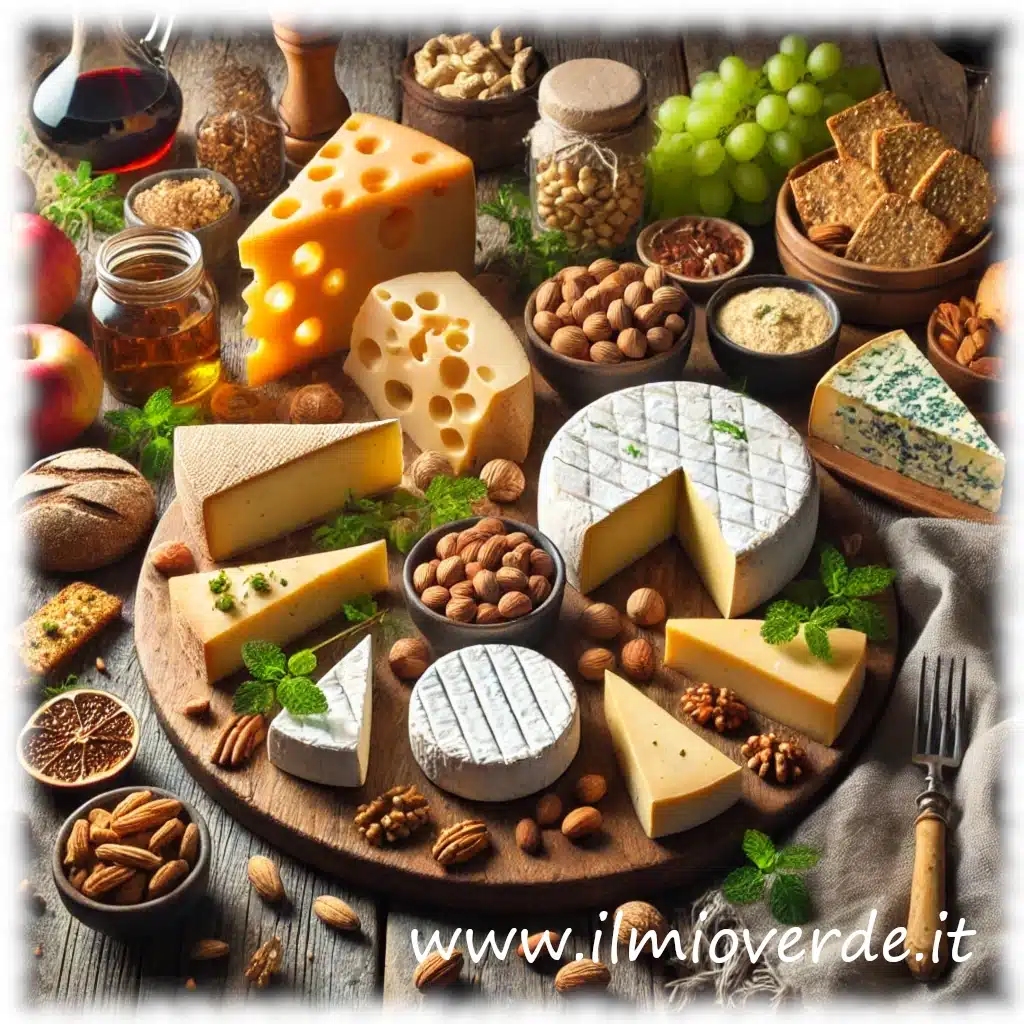 Un assortimento di formaggi misti disposti su un vassoio, con varietà morbide, stagionate e a crosta fiorita.