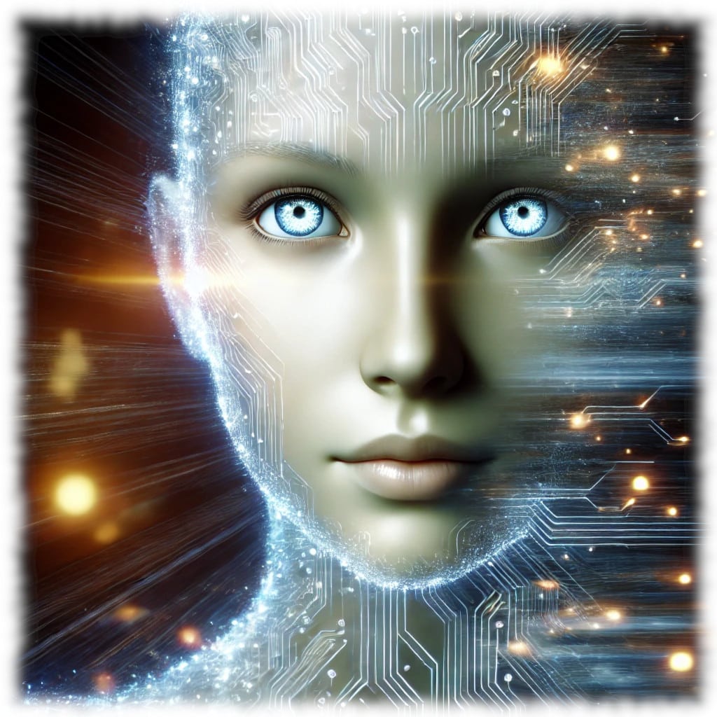 Immagine di una figura eterea e tecnologica, che simboleggia l'intersezione tra creatività umana e intelligenza artificiale, con una pelle che sembra fatta di luce e circuiti luminosi.