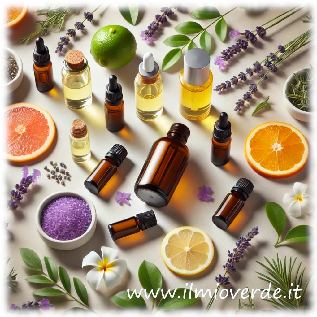 Varie boccette di oli essenziali per aromaterapia con piante fresche