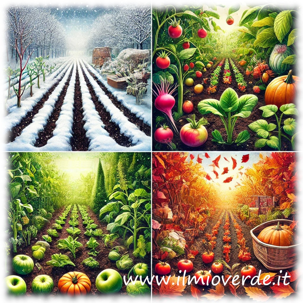 Collage delle stagioni in un orto: inverno con neve, primavera con piantine in crescita, estate con frutti maturi e autunno con foglie cadute.