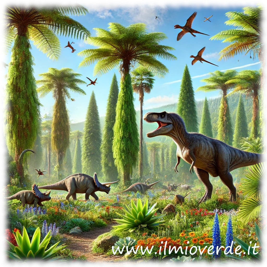 Ricostruzione di un ecosistema del Cretaceo con dinosauri e piante