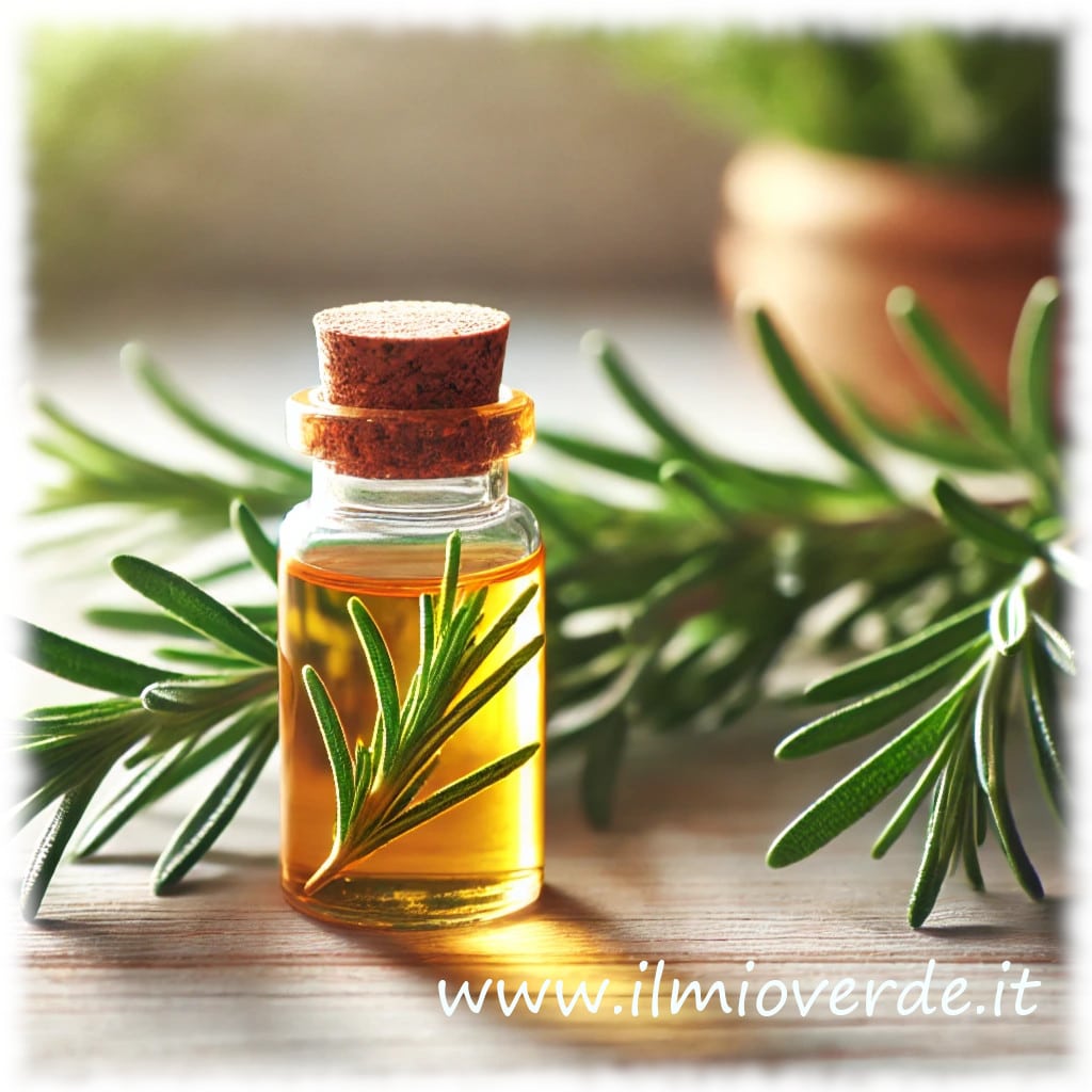 Bottiglia di olio essenziale di rosmarino su sfondo neutro con rametti di rosmarino fresco.