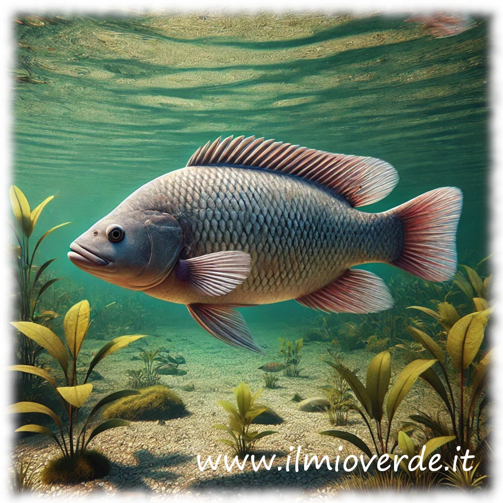 Tilapia in un acquario d'acqua dolce, con il corpo argenteo e la testa prominente, tipica del pesce appartenente alla famiglia Cichlidae.