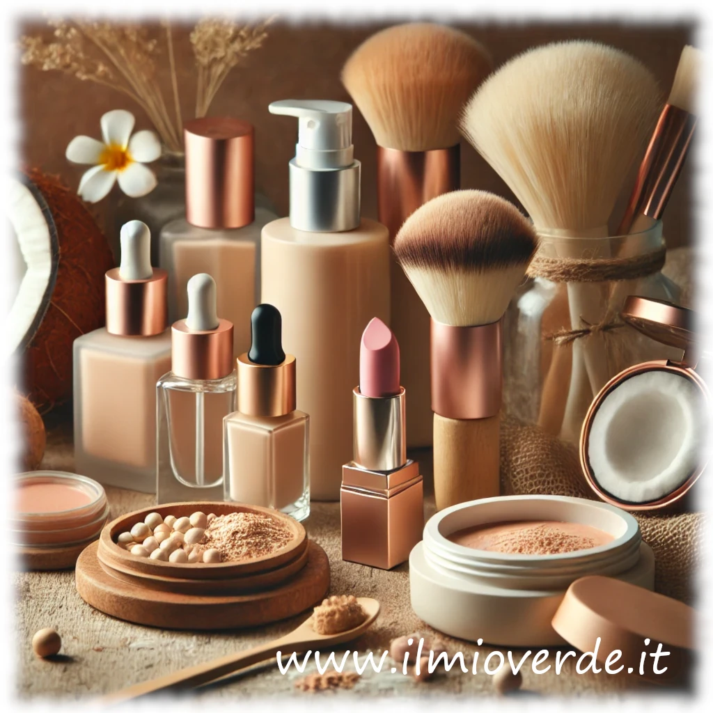 Cosmetici naturali e minerali, tra cui fondotinta, correttore e rossetto, disposti su una superficie in legno con ingredienti vegetali come burro di karité e oli essenziali.