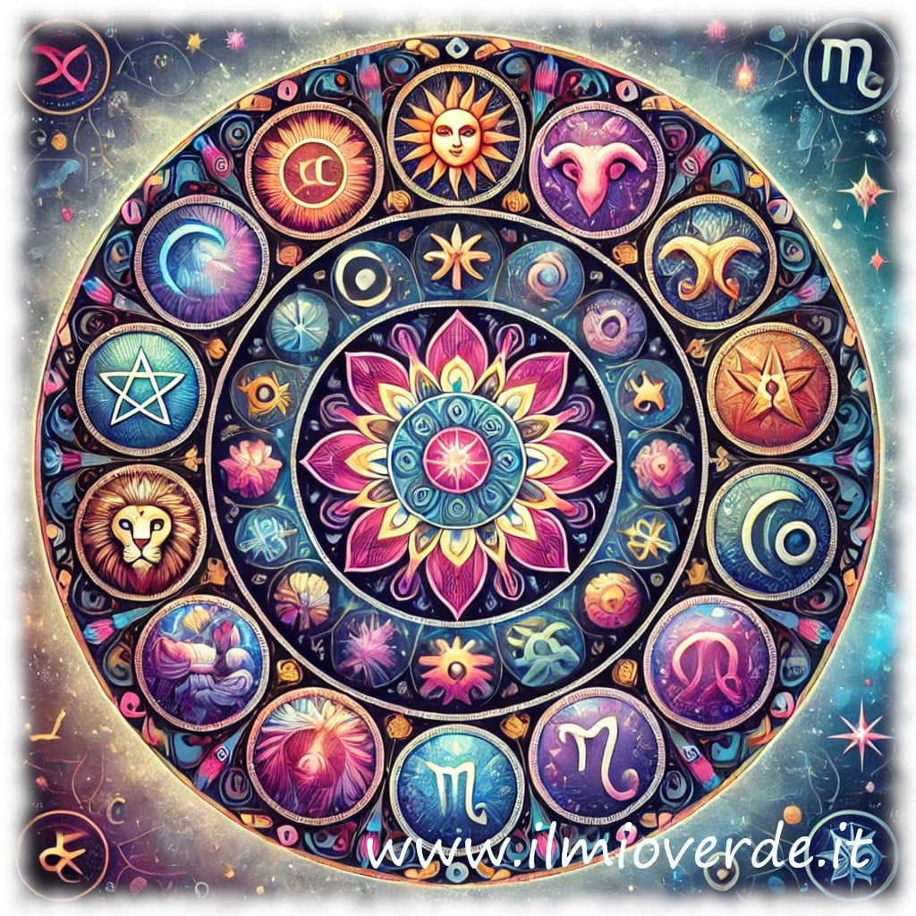 Mandala astrale con i dodici segni zodiacali, simboli dell'astrologia in un design circolare.