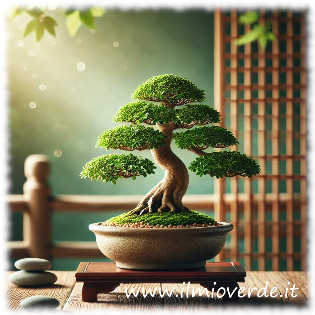 Un bonsai su un vassoio di legno, con rami modellati e foglie verdi rigogliose, simbolo di equilibrio e armonia.
