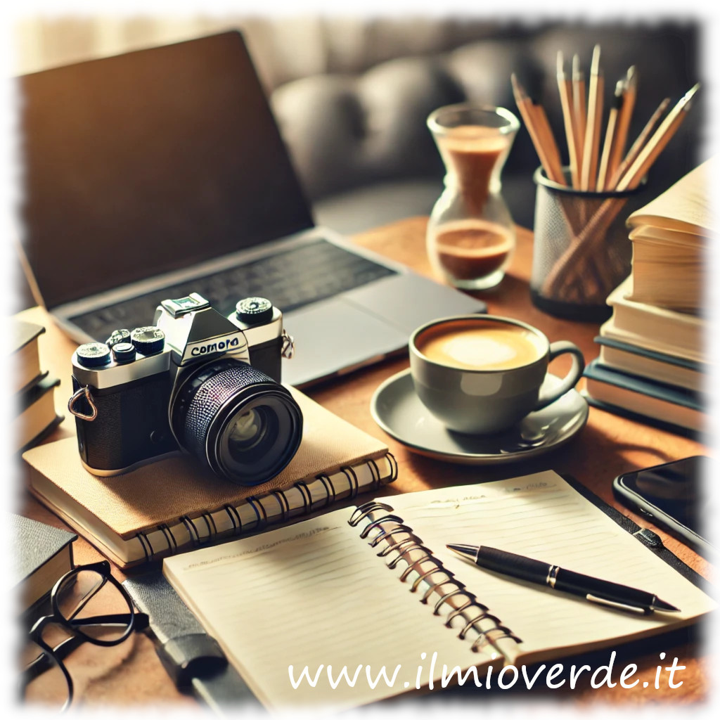 Scrivania ordinata con una macchina fotografica, un libro, appunti, una biro e una tazzina di caffè. L'immagine rappresenta il lavoro creativo e l'impegno quotidiano, simbolo di dedizione al progetto.