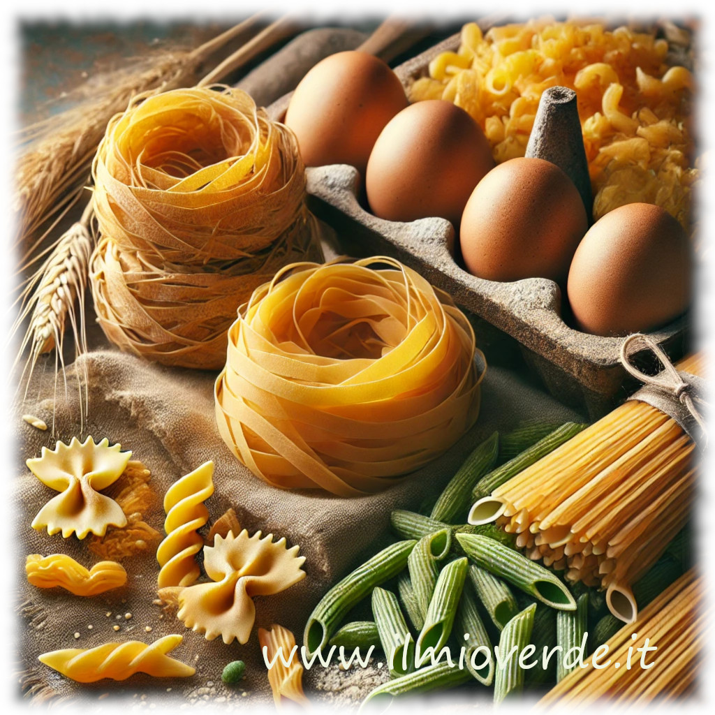 Varietà di pasta: classica all'uovo, integrale, senza glutine e aromatizzata, disposte su una superficie rustica.