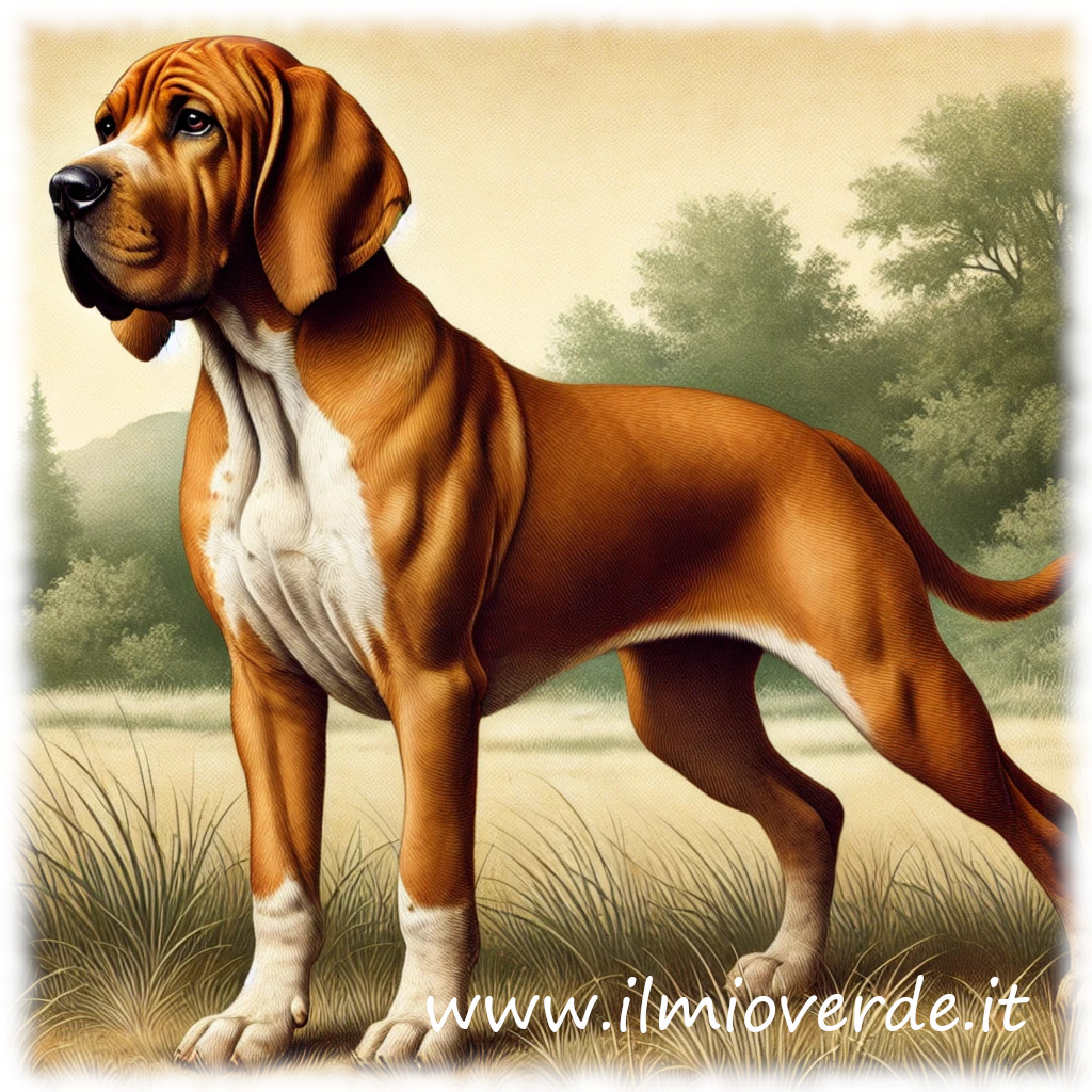 Bracco italiano, cane da caccia con pelliccia marrone chiaro, in posa elegante nel paesaggio naturale.