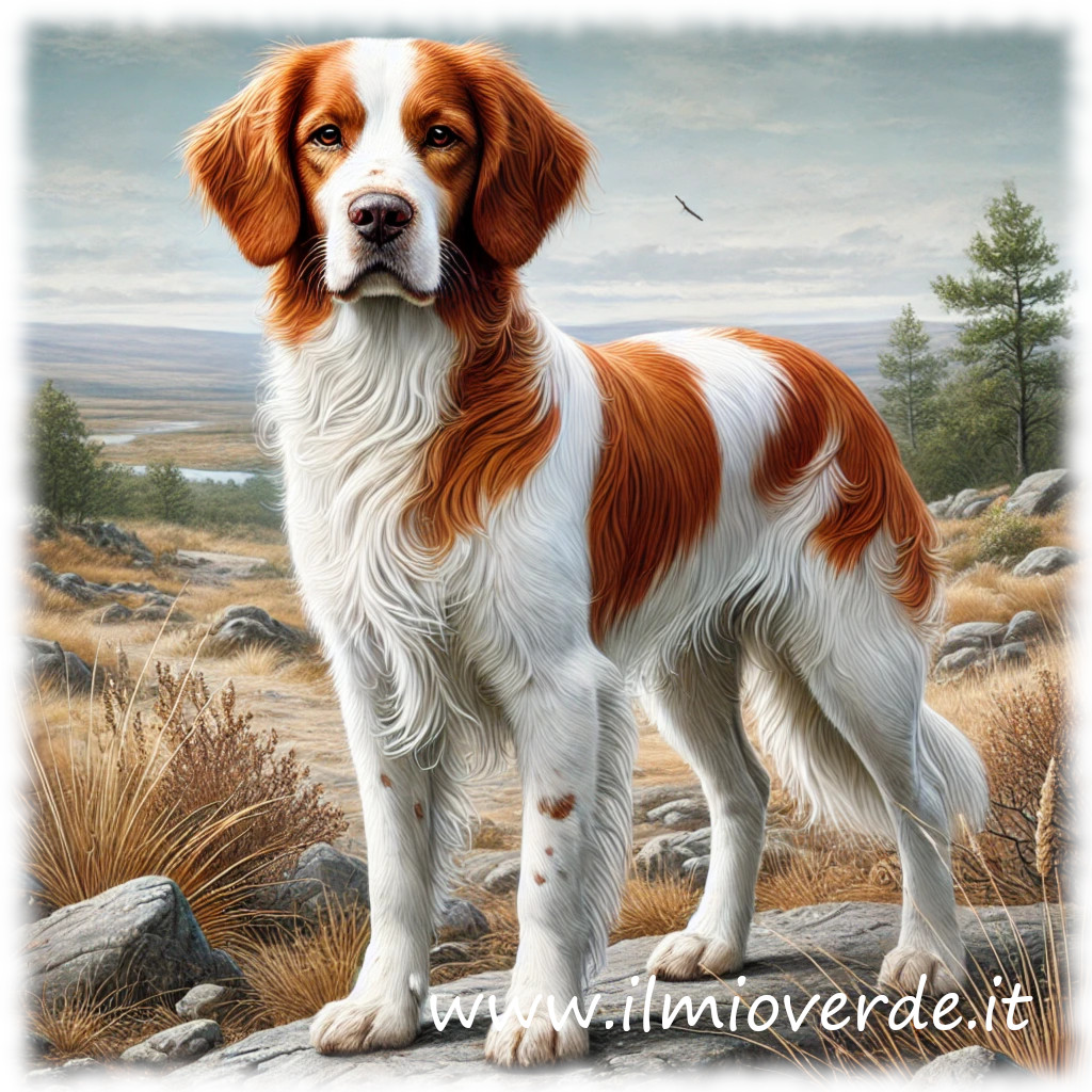 Epagneul Breton, cane da caccia affettuoso con un mantello ruvido e orecchie pendenti.
