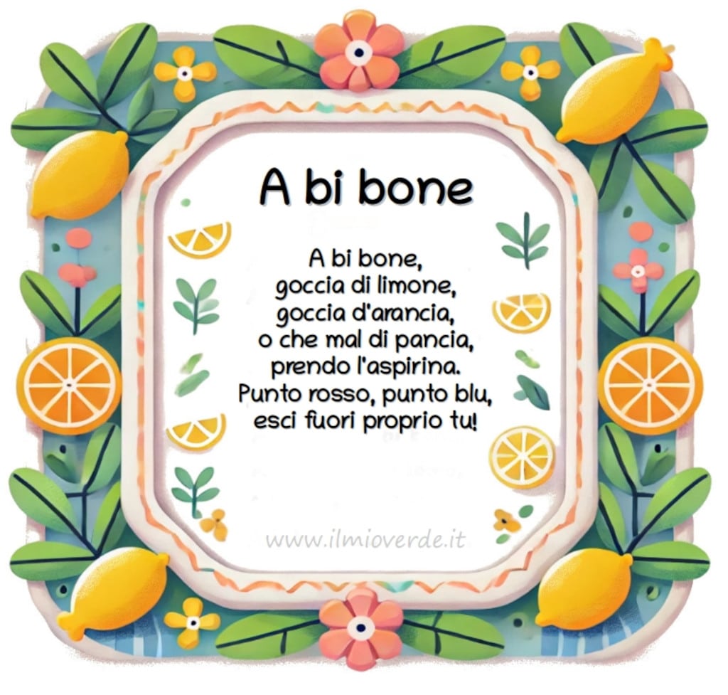 Poesia popolare 'A bi bone' con illustrazioni colorate e una cornice decorativa.