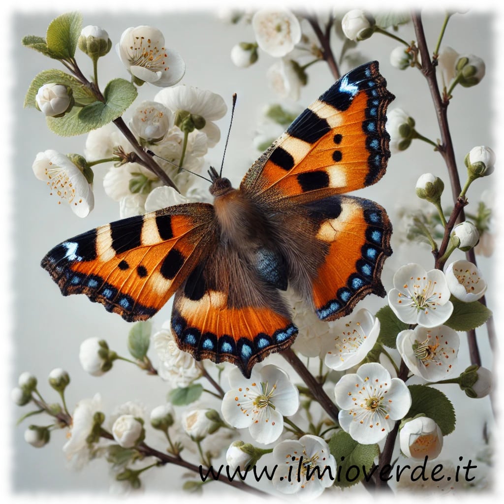 Una Nymphalis polychloros, conosciuta anche come "polychloros", con le sue ali variegate di tonalità arancioni e marroni, si posa su una superficie naturale.