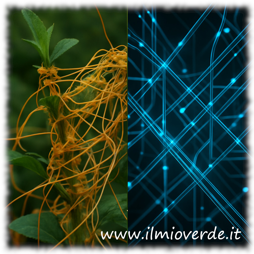 Rappresentazione della Cuscuta, pianta parassita che segue un comportamento simile a un algoritmo naturale per individuare e agganciarsi alle piante ospiti.